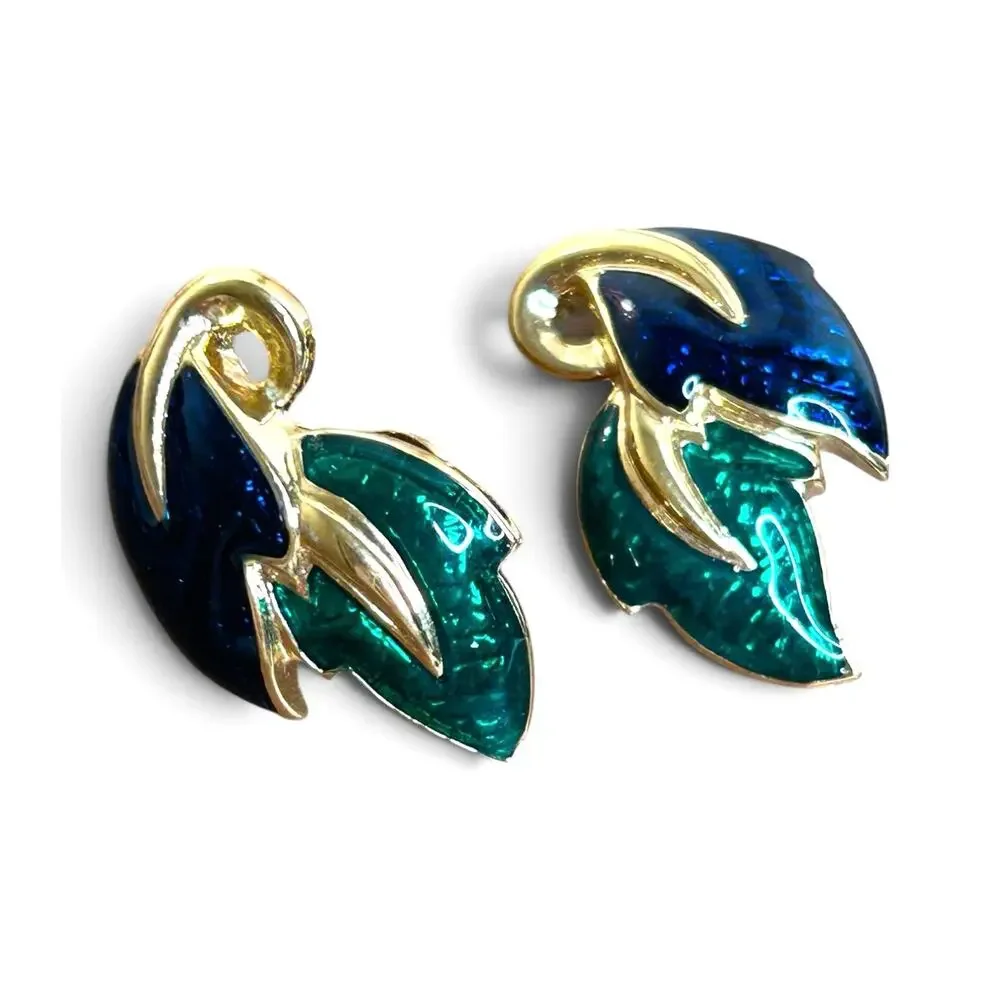 Vtg Retro Peacock Blue Emerald Green Enamel Leafy Gold Tone Clip On Earrings